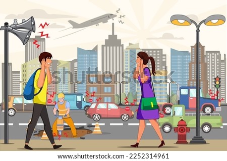 Noise pollution and its cause vector illustration. People suffering from loud noisy city sound. Man and woman walking on the city street covering her ears. Annoyed by too much noise. Noise pollution.