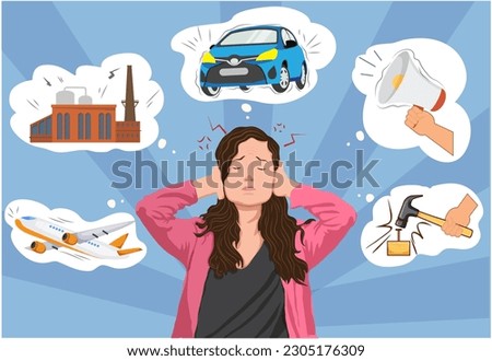 Noise pollution and its cause vector illustration. People suffering from loud noisy city sound. Man and woman walking on the city street covering her ears. Annoyed by too much noise. Noise pollution.