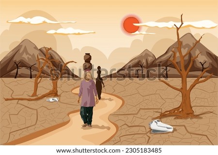 Dry and cracked land, drought due to lack of rain. Global warming concept. dead tree under hot sunset, drought cracked desert landscape. Drought and  Natural Disaster. 