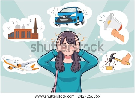 Noise pollution and its cause vector illustration. People suffering from loud noisy city sound. Man and woman walking on the city street covering her ears. Annoyed by too much noise. Noise pollution.