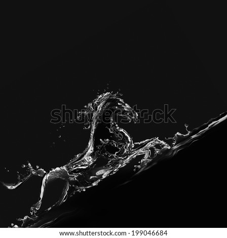 A silhouette of a running horse made of water on black background galloping upwards.