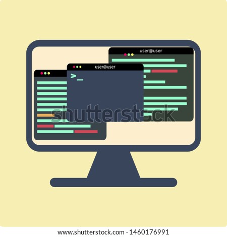 Vector illustration of multiple terminals or command line interface running on computer screen