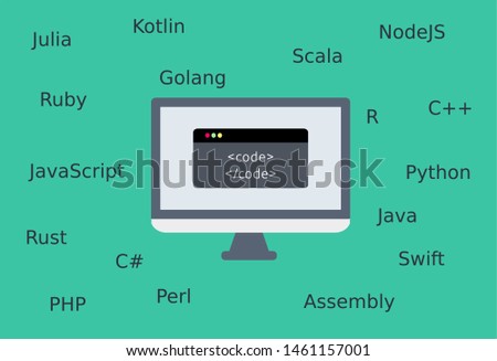 vector illustration of code on screen and programming language. Java python c JavaScript ruby scala golang swift assembly rust php