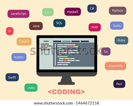 Vector illustration of programming languages for coding on a computer screen