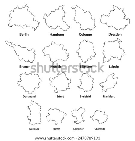 Map of Biggest German cities by land area (16 cities): Berlin, Hamburg, Cologne, Dresden, Bremen, Munich, Münster, Leipzig, Dortmund, Erfurt, Bielefeld, Frankfurt, Duisburg, Hamm, Salzgitter