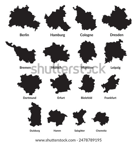 Map of Biggest German cities by land area (16 cities): Berlin, Hamburg, Cologne, Dresden, Bremen, Munich, Münster, Leipzig, Dortmund, Erfurt, Bielefeld, Frankfurt, Duisburg, Hamm, Salzgitter