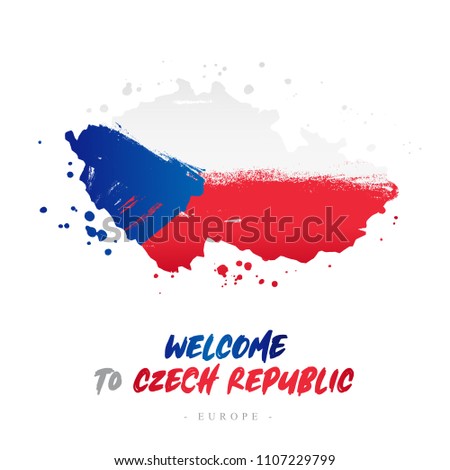 Welcome to Czech Republic. Europe. Flag and map of the country of Czech Republic from brush strokes. Lettering. Vector illustration on white background.