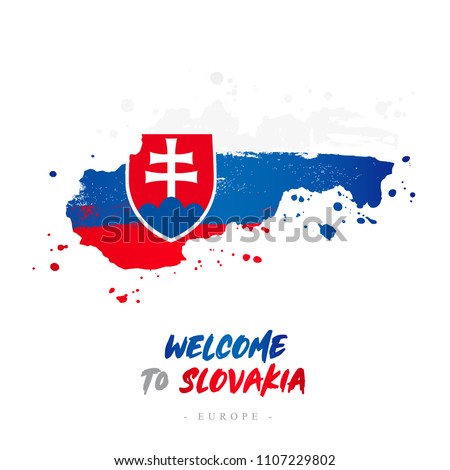 Welcome to Slovakia. Europe. Flag and map of the country of Slovakia from brush strokes. Lettering. Vector illustration on white background.