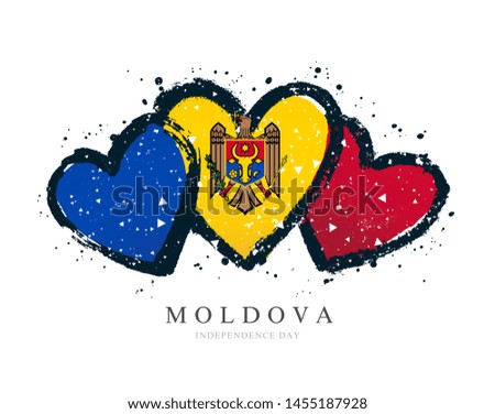 Moldovan flag in the form of three hearts. Vector illustration on white background. Brush strokes drawn by hand. Independence Day of Moldova.