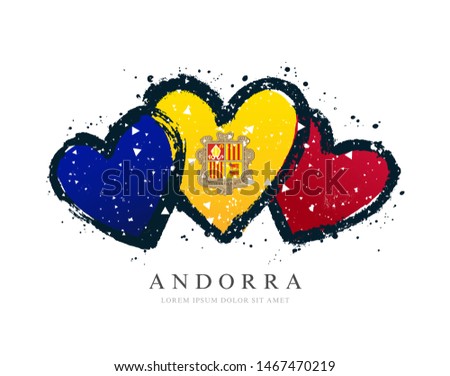 Andorran flag in the form of three hearts. Vector illustration on a white background. Brush strokes are drawn by hand. Andorra Independence Day.