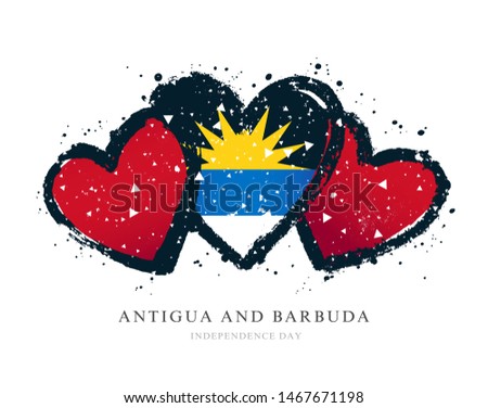 Flag of Antigua and Barbuda in the form of three hearts. Vector illustration on a white background. Brush strokes are drawn by hand. Independence Day.