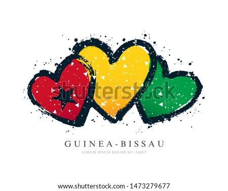 Guinea-Bissau flag in the form of three hearts. Vector illustration on a white background. Brush strokes are drawn by hand. Independence Day.