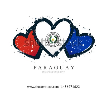 Paraguayan flag in the form of three hearts. Vector illustration on a white background. Brush strokes are drawn by hand. Paraguay Independence Day.