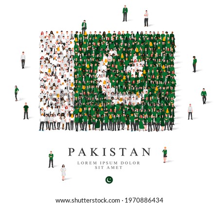 A large group of people are standing in green and white robes, symbolizing the flag of Pakistan. Vector illustration isolated on white background. Pakistan flag made of people.