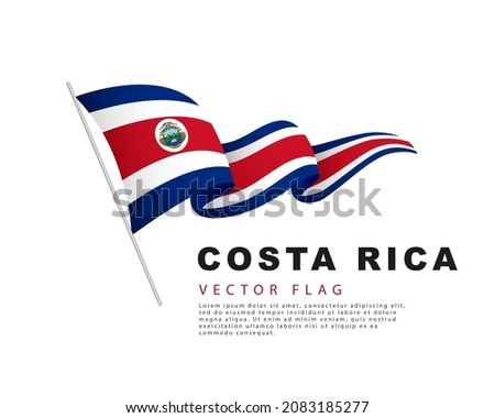 The Costa Rican flag hangs from a flagpole and flutters in the wind. Vector illustration isolated on white background. Costa Rica flag colorful logo.