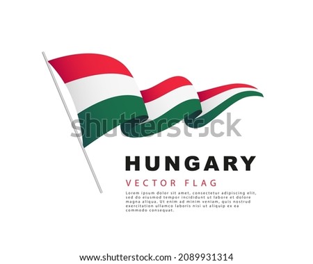 The flag of Hungary hangs from a flagpole and flutters in the wind. Vector illustration isolated on white background. Hungarian flag colorful logo.