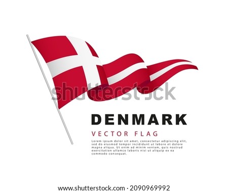 The flag of Denmark hangs from a flagpole and flutters in the wind. Vector illustration isolated on white background. Danish flag colorful logo.
