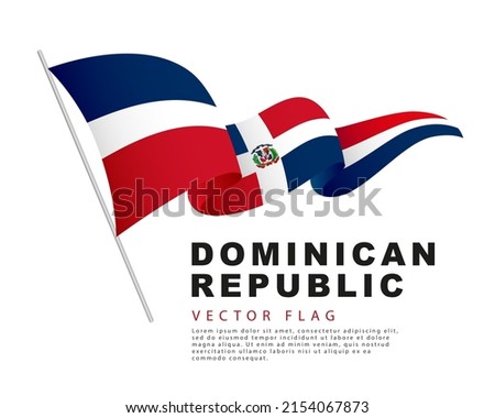 The flag of the Dominican Republic hangs on a flagpole and flutters in the wind. Vector illustration isolated on white background. Colorful logo.