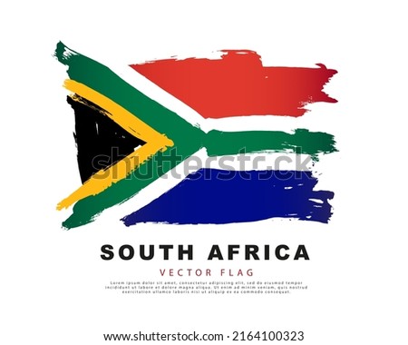 Flag of South Africa. Black, red, blue, green, white and yellow hand-drawn brush strokes. Vector illustration isolated on white background. Colorful South African flag logo.