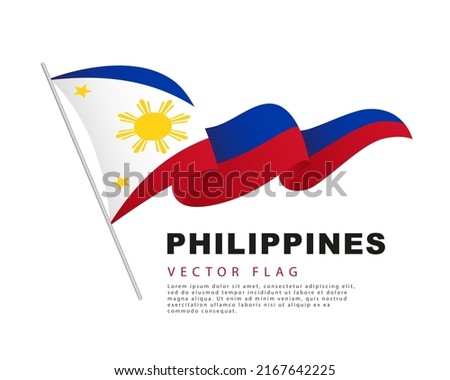 The flag of the Philippines hangs on a flagpole and flutters in the wind. Vector illustration on a white background. Colorful logo of the Philippine flag.