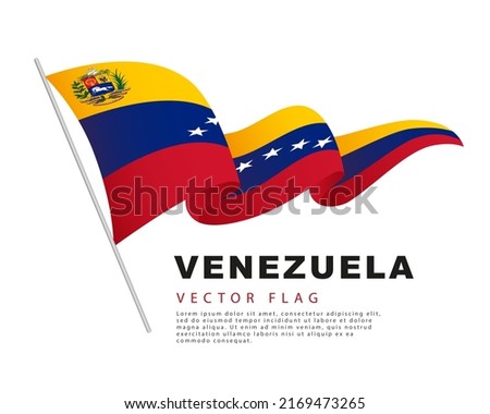 The flag of Venezuela hangs on a flagpole and flutters in the wind. Vector illustration isolated on white background. Colorful Venezuelan flag logo.