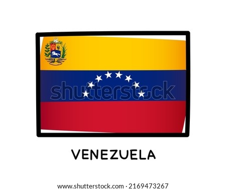 Flag of Venezuela. Colorful Venezuelan flag logo. Yellow, blue and red brush strokes, hand drawn. Black outline. Vector illustration isolated on white background.