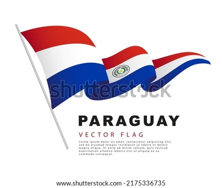 The flag of Paraguay hangs on a flagpole and flutters in the wind. Vector illustration isolated on white background. Colorful Paraguayan flag logo.