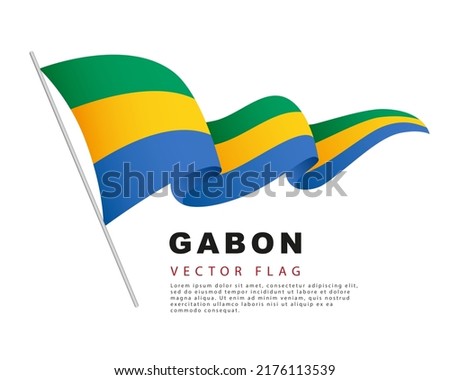 The flag of Gabon hangs on a flagpole and flutters in the wind. Vector illustration on a white background. Colorful logo of the Gabonese flag.