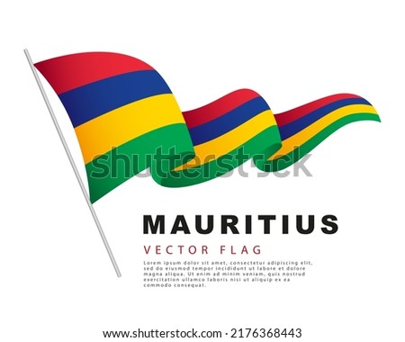 The flag of Mauritius hangs on a flagpole and flutters in the wind. Vector illustration on a white background. Colorful logo of the Mauritian flag.