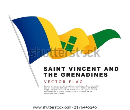 The flag of Saint Vincent and the Grenadines hangs on a flagpole and flutters in the wind. Vector illustration isolated on white background.