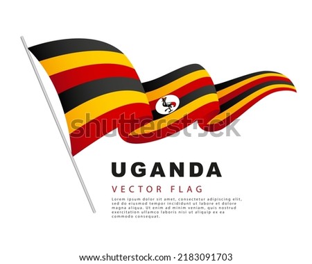 The flag of Uganda hangs on a flagpole and flutters in the wind. Vector illustration isolated on white background. Colorful Uganda flag logo.