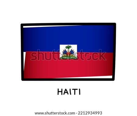 Flag of Haiti. Colorful Haitian flag logo. Blue, red and white hand-drawn brush strokes. Black outline. Vector illustration isolated on white background.