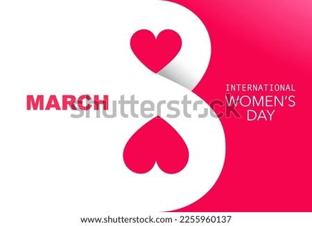 Beautiful holiday card for March 8. International Women's Day. Large white number 8 with two hearts on a scarlet background. Vector illustration.