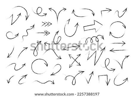 Big set of black hand drawn arrows. Collection of vector arrows. Modern arrows painted with black paint. Vector illustration isolated on white background.