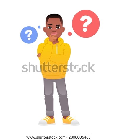 The little black boy has a question. Portrait of a thoughtful African schoolboy. Smart, thinking guy, problem solver. A kid surrounded by question bubbles. Children's problems. Vector illustration.