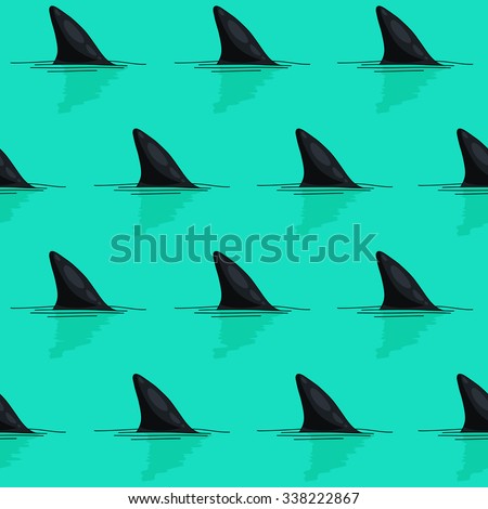 Seamless vector pattern of shark fins on a light blue background painted by hand. Shark print. Diving swim. 