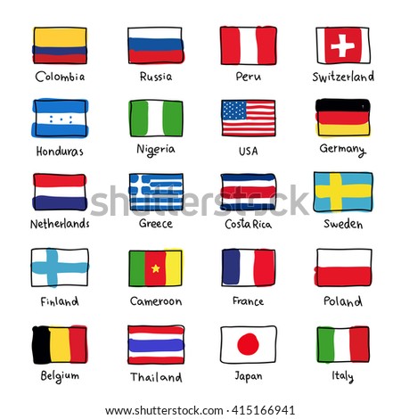 Icons of flags of different countries with the signatures. Vector illustration on white background. Logo flag. The label flag.