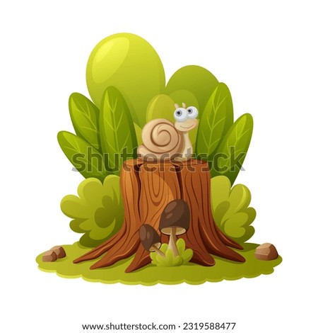 A cartoon snail sits on a stump surrounded by bushes and plants in a green forest clearing with mushrooms and stones. Children fairy tale vector illustration. Summer nature, environment.