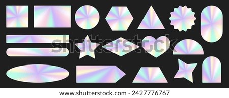 Set of holographic stickers. Hologram labels of different geometric shapes with iridescent foil adhesive film. Colored blank rainbow shiny emblems, figures. Vector illustration. 