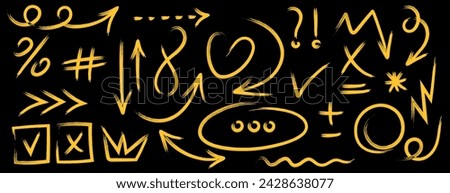 Set of chalk arrows, shapes. Hand drawn yellow charcoal symbols for design. Various curved arrows, swirls, circles, check marks, mathematical signs. Vector doodle, isolated black board