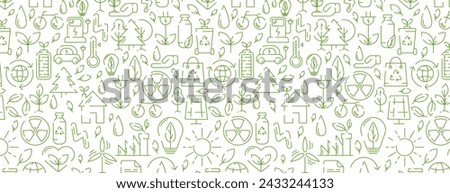 Ecology seamless pattern, green line icons. Ecology environment improvement, sustainability, recycle, renewable energy. Eco friendly vector banner. For cover, wrapping paper, textile print	