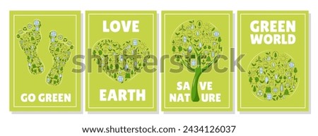 Set of ecology posters, green eco friendly tree, heart, footprint, round filled with ecological vector icons. Ecology concept, recycling sustainability, renewable energy, net zero emissions by 2050