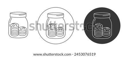 Savings jar with stacks of coins, dollar sign. Vector icon set, editable stroke. Flat line, pictogram. Finance and business concept. For app, website, ui. Isolated background.