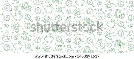 Business and finance seamless pattern with flat vector green line icons of piggy bank, stack of coins, dollar sign, magnifying glass, money bag, light bulb with money idea. For cover, wrapping paper