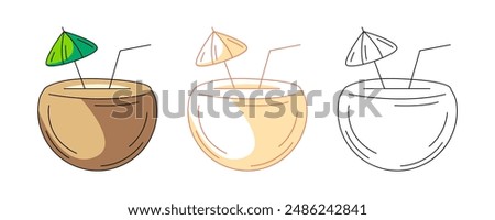 Coconut cocktail with straw and umbrella, colorful and line icons set. Summer, vector outline icon, monochrome and color illustration. Tropical, exotic drink, summertime. For sticker, coloring book