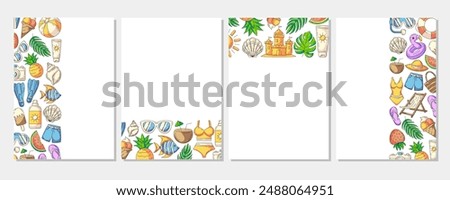 Set of summer colorful vertical a4 poster, painted beach elements, accessories icons. Left, right side, upper, bottom border frame, space for text, isolated on white. For banner, invitation, sale