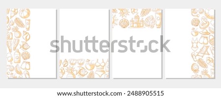 Set of summer minimalist vertical a4 poster, monochrome orange beach elements, accessories icons. Left, right side, upper, bottom border frame, copy space, isolated on white. For banner, invitation