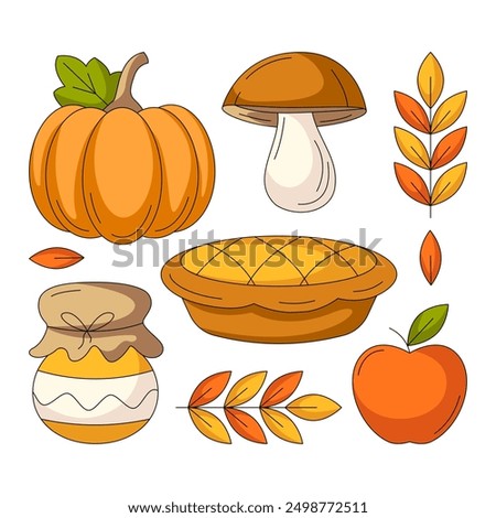 Autumn square geometric composition from fall elements. Pumpkin, boletus or porcini, jam, pie, apple and leaves. Modern seasonal vector illustration for print, textile, sticker, social media, postcard