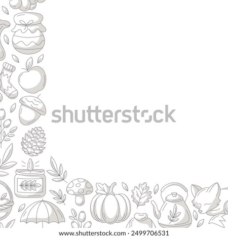 Autumn square poster with space for text in the middle. Minimalist monochrome gray corner frame with fall seasonal cozy elements. For card, banner, invitation, social media, festival or postcard