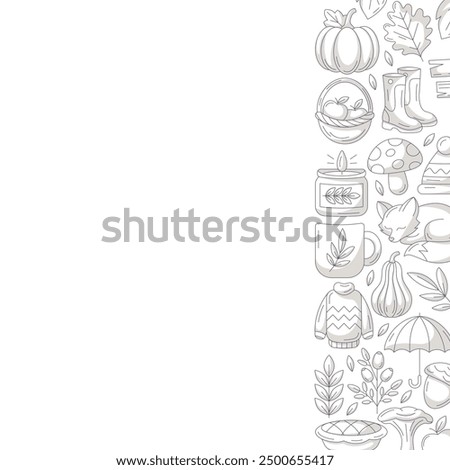 Autumn square poster, space for text. Minimalist monochrome gray right side frame, fall seasonal cozy elements. For card, banner, invitation, social media, festival or postcard. Isolated background